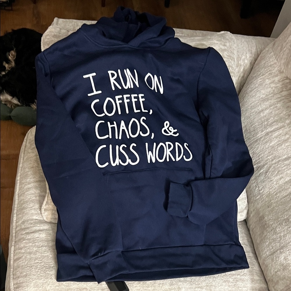 Temu Navy Hoodie with Fun Graphic Text